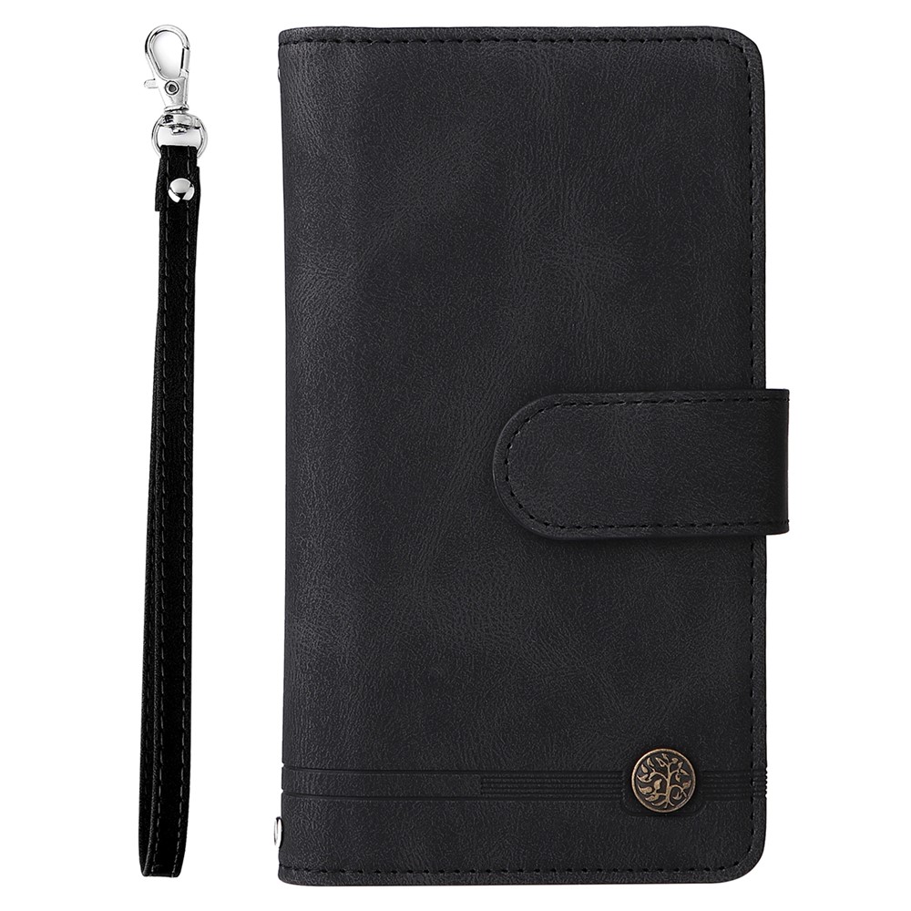 Stripes Imprinted Skin-touch Wallet Stand Fully Wrapped Leather Cover Card Slots Phone Case with Zipper Pocket for iPhone 13 6.1 inch - Black-2