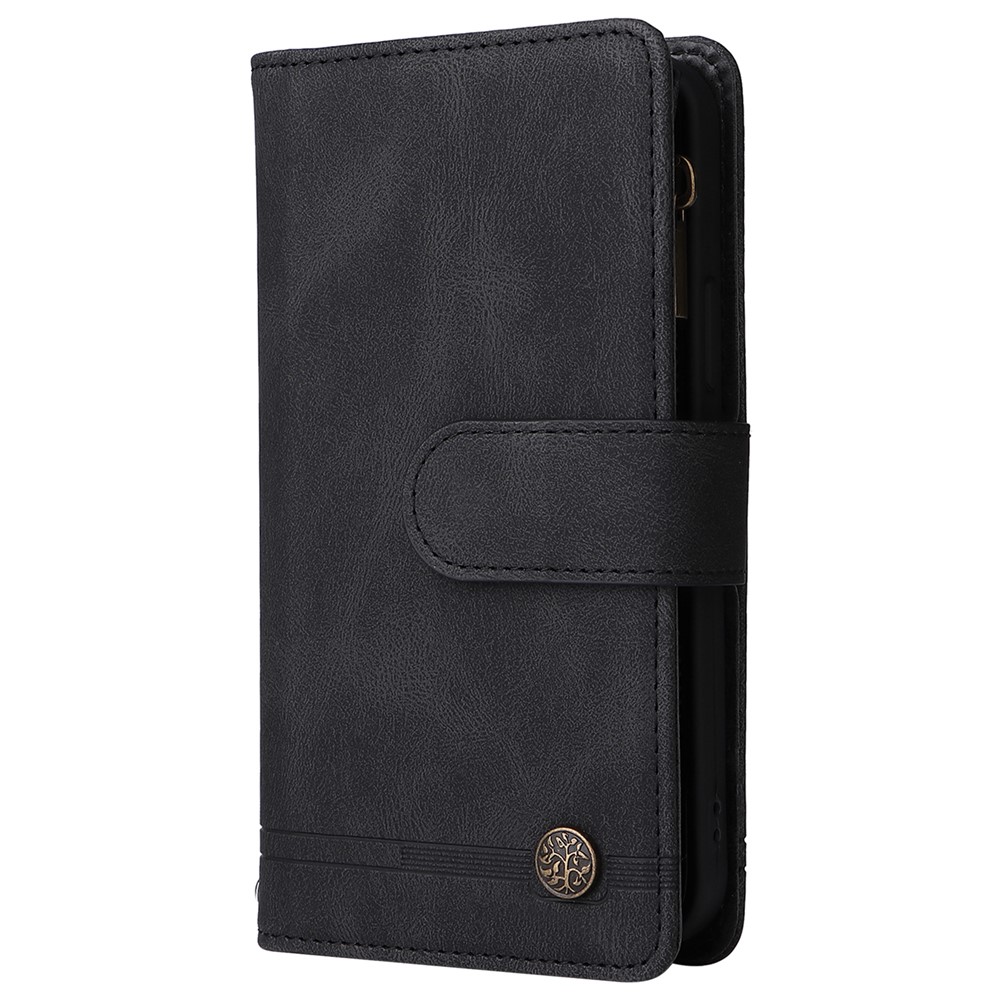 Stripes Imprinted Skin-touch Wallet Stand Fully Wrapped Leather Cover Card Slots Phone Case with Zipper Pocket for iPhone 13 6.1 inch - Black-3