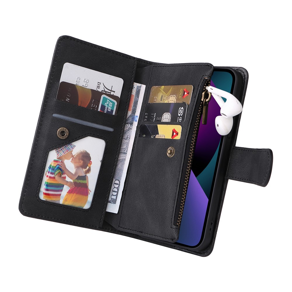 Stripes Imprinted Skin-touch Wallet Stand Fully Wrapped Leather Cover Card Slots Phone Case with Zipper Pocket for iPhone 13 6.1 inch - Black-6