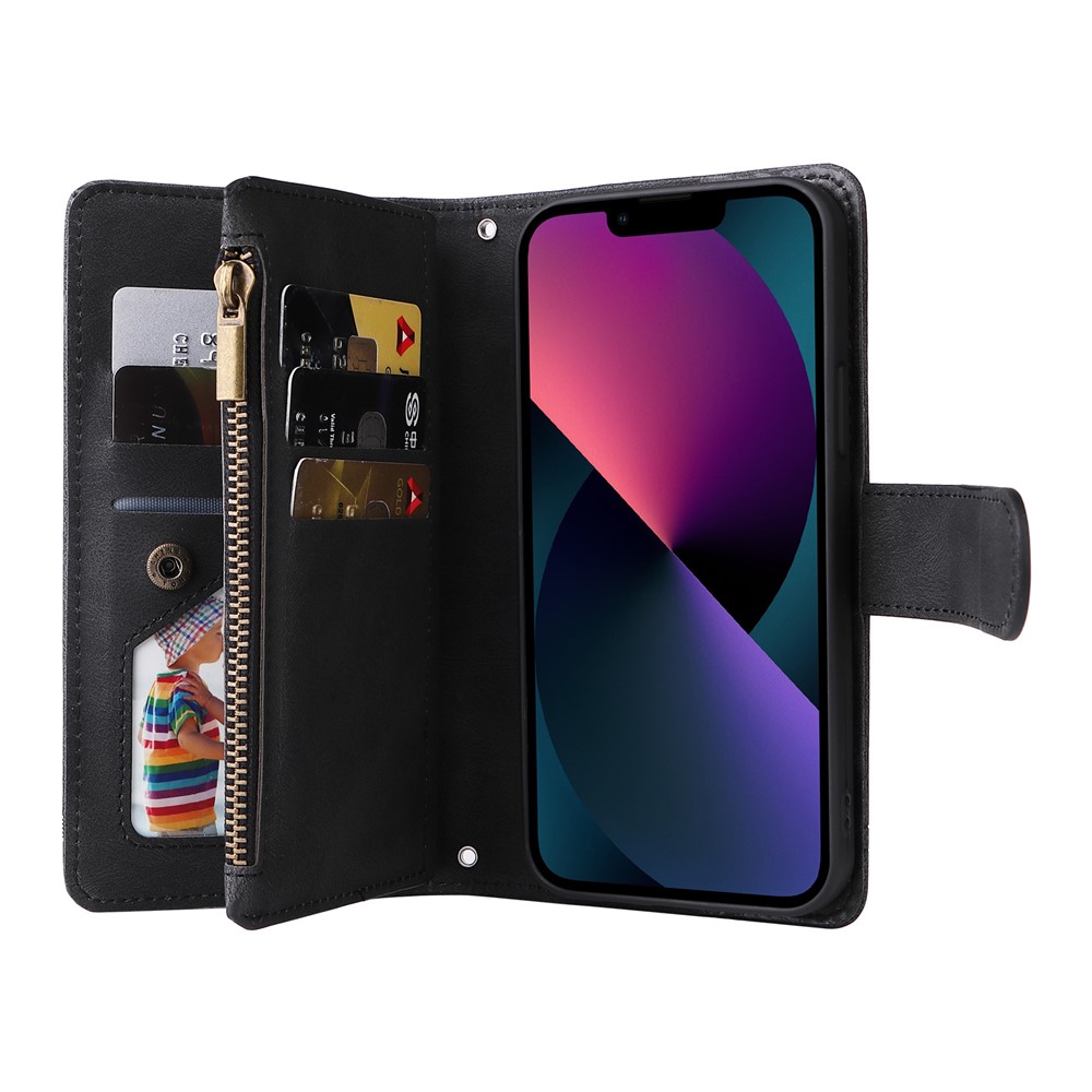 Stripes Imprinted Skin-touch Wallet Stand Fully Wrapped Leather Cover Card Slots Phone Case with Zipper Pocket for iPhone 13 6.1 inch - Black-7
