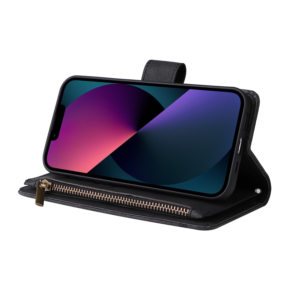 Stripes Imprinted Skin-touch Wallet Stand Fully Wrapped Leather Cover Card Slots Phone Case with Zipper Pocket for iPhone 13 6.1 inch - Black-9