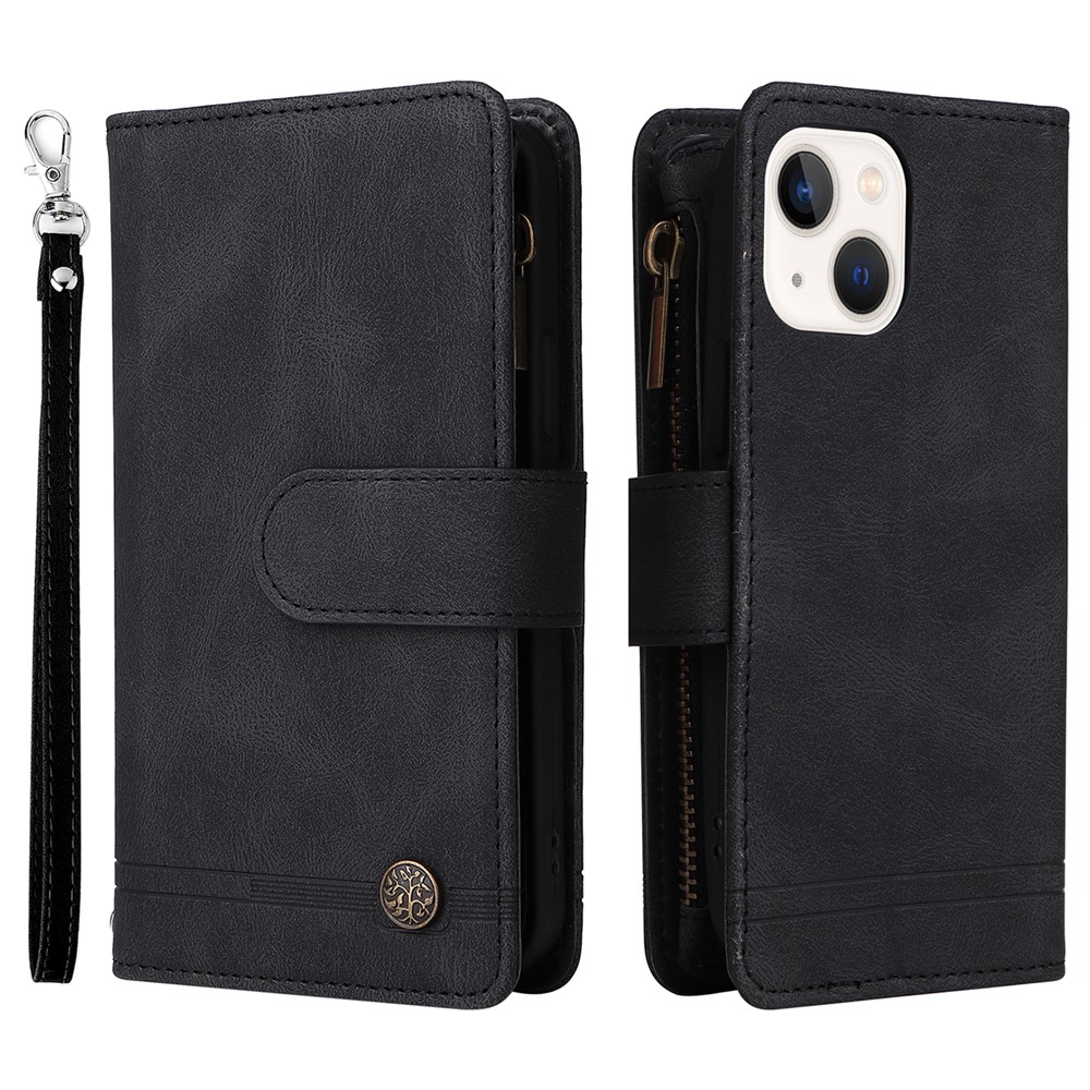 Mobile Phone Stripes Imprinted Skin-touch Wallet Stand Leather Cover Card Slots Flip Protective Case with Zipper Pocket for iPhone 13 mini 5.4 inch - Black-1