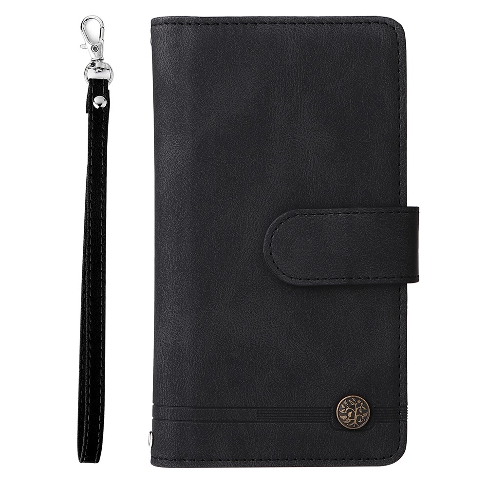 Mobile Phone Stripes Imprinted Skin-touch Wallet Stand Leather Cover Card Slots Flip Protective Case with Zipper Pocket for iPhone 13 mini 5.4 inch - Black-2