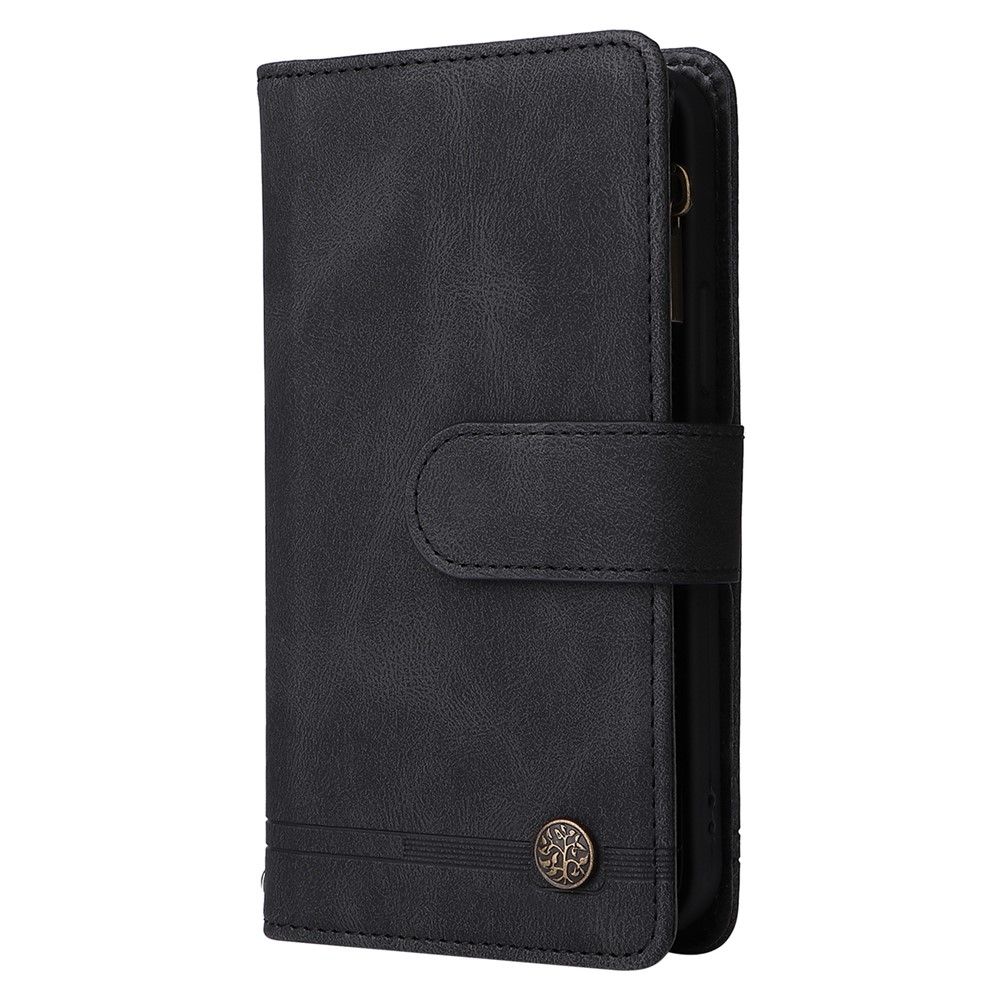 Mobile Phone Stripes Imprinted Skin-touch Wallet Stand Leather Cover Card Slots Flip Protective Case with Zipper Pocket for iPhone 13 mini 5.4 inch - Black-3