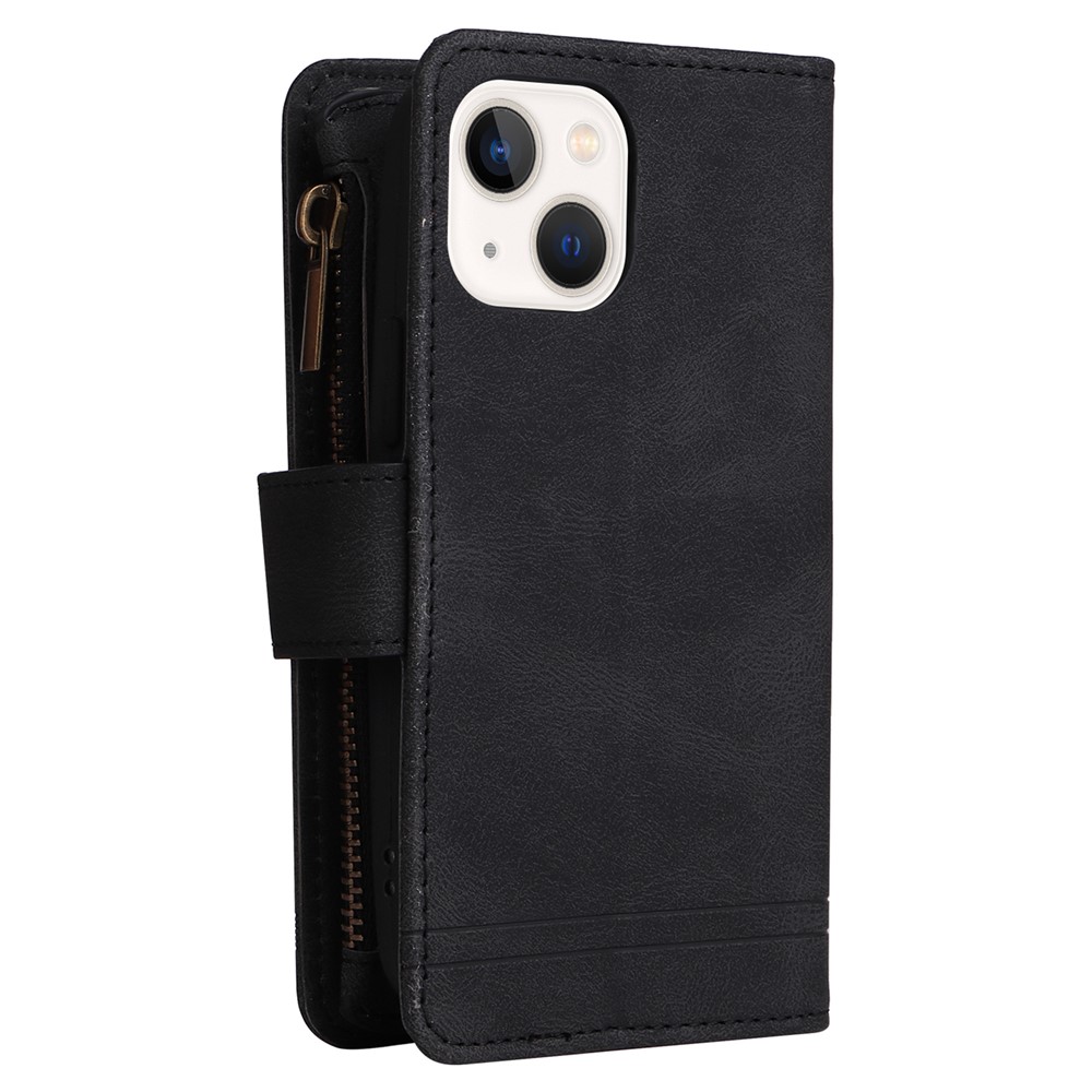 Mobile Phone Stripes Imprinted Skin-touch Wallet Stand Leather Cover Card Slots Flip Protective Case with Zipper Pocket for iPhone 13 mini 5.4 inch - Black-4