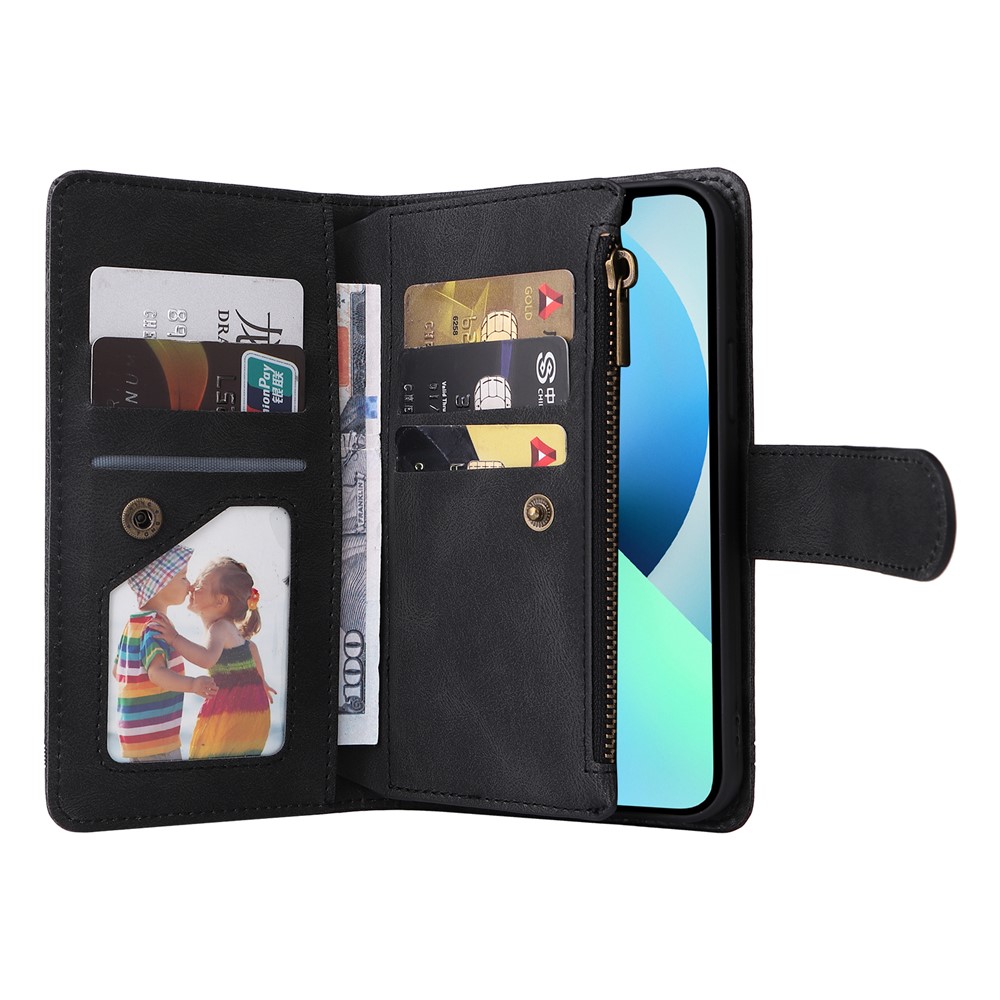 Mobile Phone Stripes Imprinted Skin-touch Wallet Stand Leather Cover Card Slots Flip Protective Case with Zipper Pocket for iPhone 13 mini 5.4 inch - Black-5