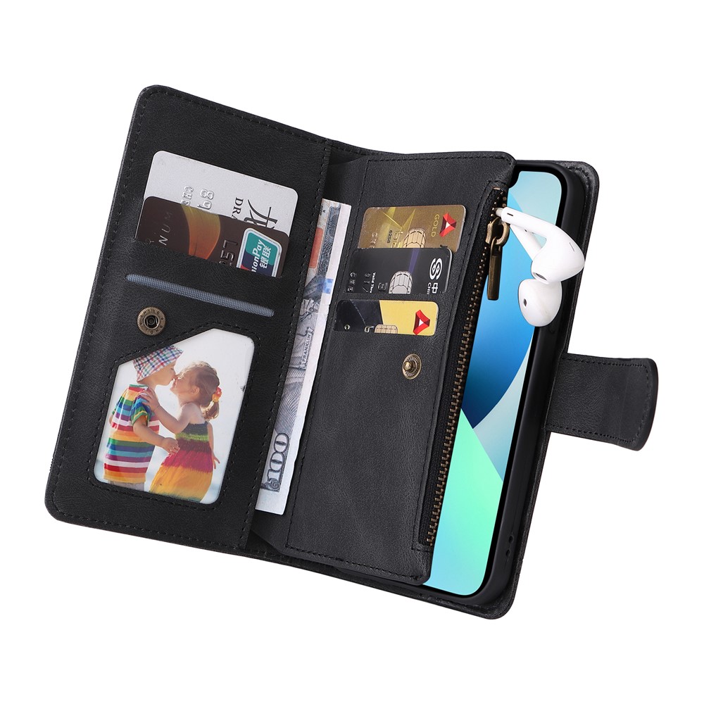 Mobile Phone Stripes Imprinted Skin-touch Wallet Stand Leather Cover Card Slots Flip Protective Case with Zipper Pocket for iPhone 13 mini 5.4 inch - Black-6