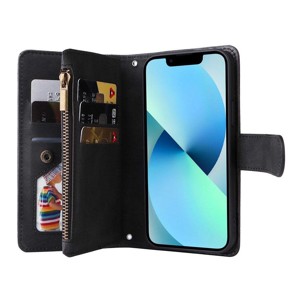 Mobile Phone Stripes Imprinted Skin-touch Wallet Stand Leather Cover Card Slots Flip Protective Case with Zipper Pocket for iPhone 13 mini 5.4 inch - Black-7