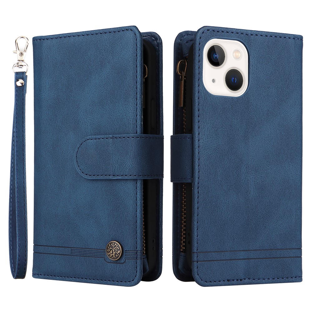 Mobile Phone Stripes Imprinted Skin-touch Wallet Stand Leather Cover Card Slots Flip Protective Case with Zipper Pocket for iPhone 13 mini 5.4 inch - Blue