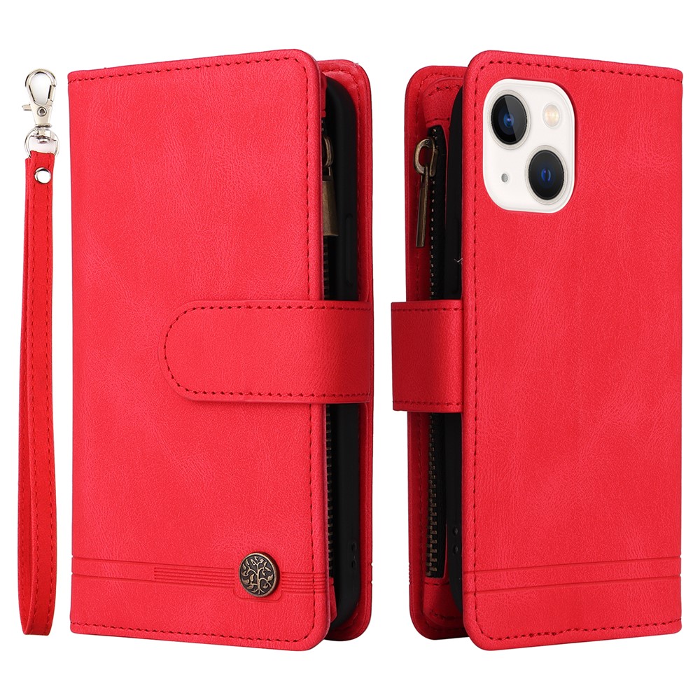 Mobile Phone Stripes Imprinted Skin-touch Wallet Stand Leather Cover Card Slots Flip Protective Case with Zipper Pocket for iPhone 13 mini 5.4 inch - Red