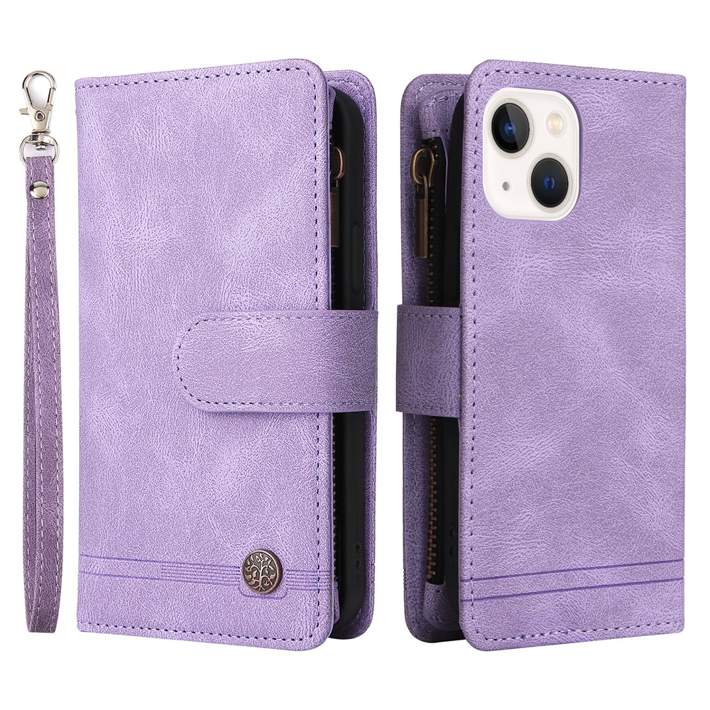 Mobile Phone Stripes Imprinted Skin-touch Wallet Stand Leather Cover Card Slots Flip Protective Case with Zipper Pocket for iPhone 13 mini 5.4 inch - Purple