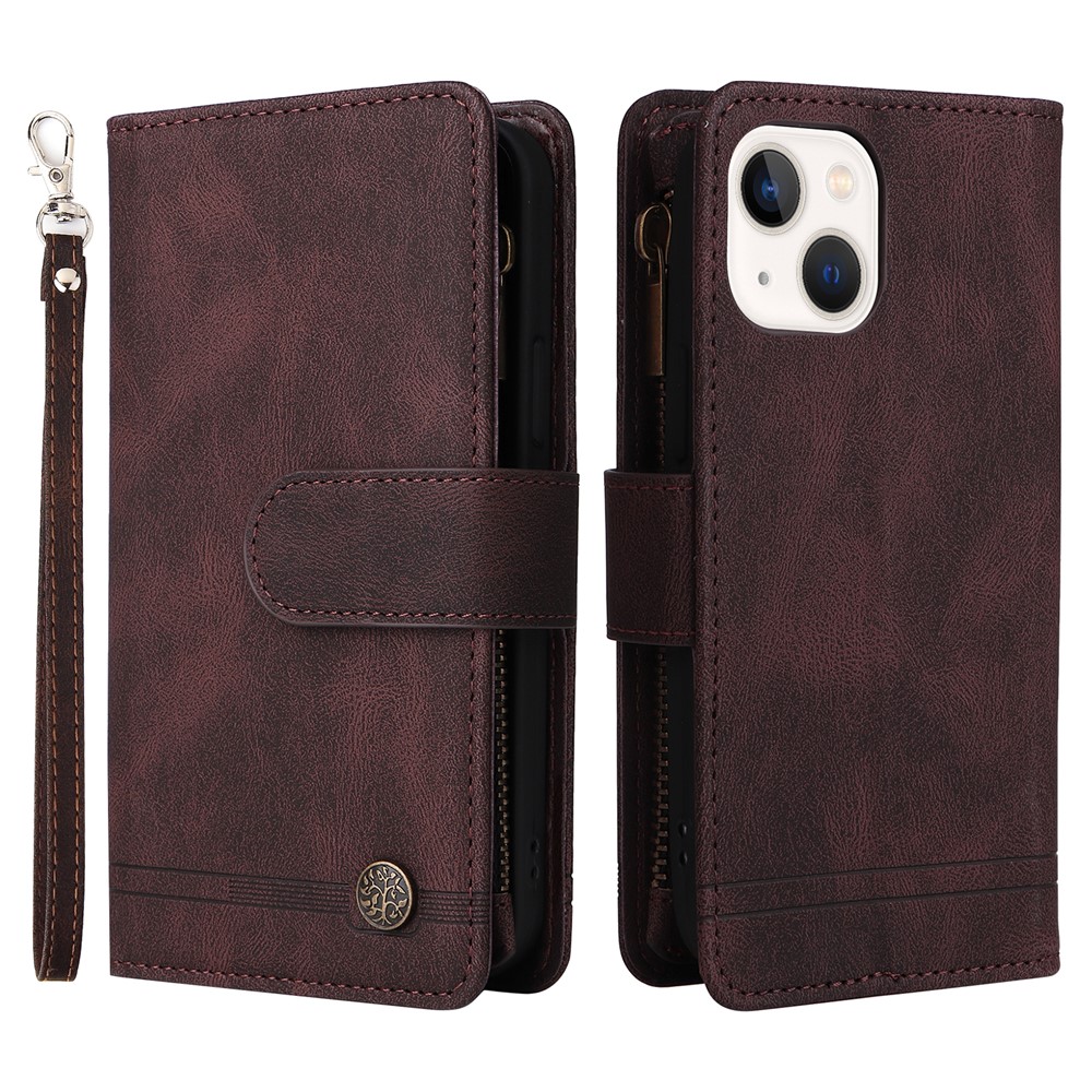 Mobile Phone Stripes Imprinted Skin-touch Wallet Stand Leather Cover Card Slots Flip Protective Case with Zipper Pocket for iPhone 13 mini 5.4 inch - Brown