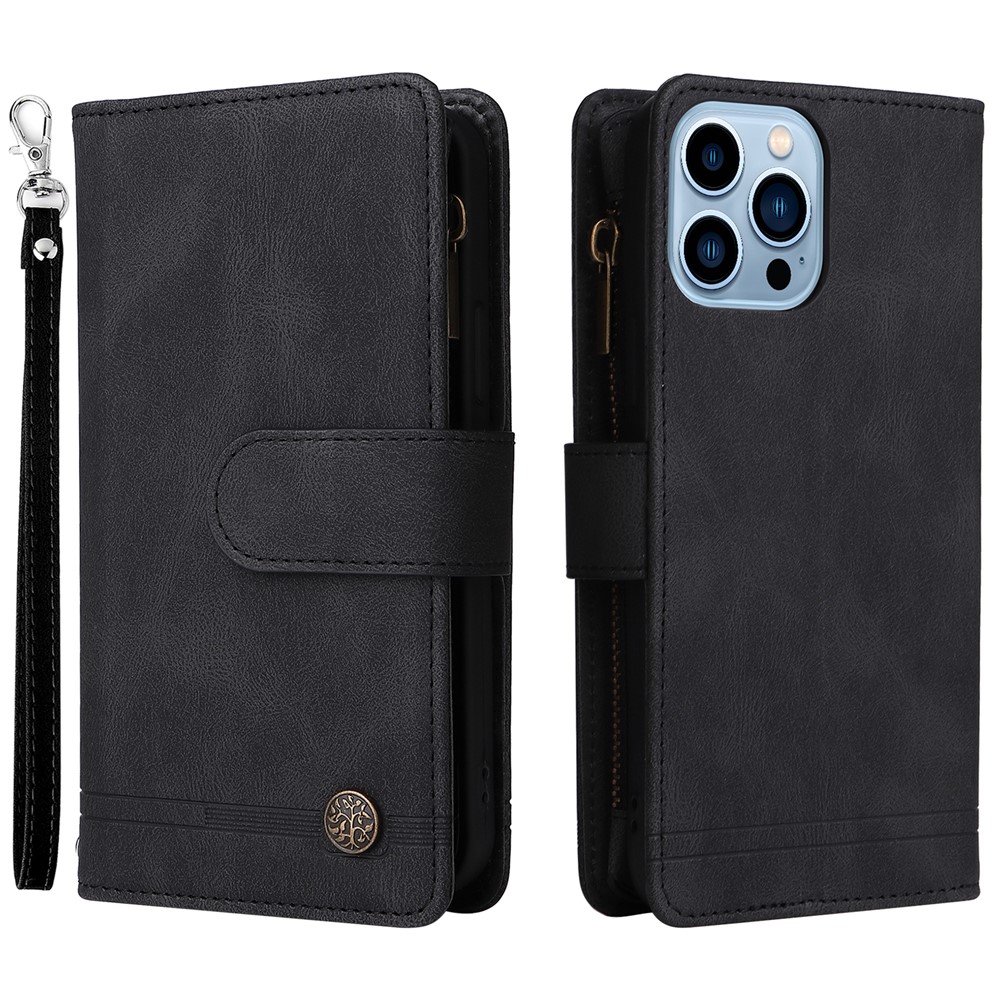 Stripes Imprinted Skin-touch Wallet Stand Leather Cover Card Slots Phone Case with Zipper Pocket and Wrist Strap for iPhone 13 Pro Max 6.7 inch - Black-1