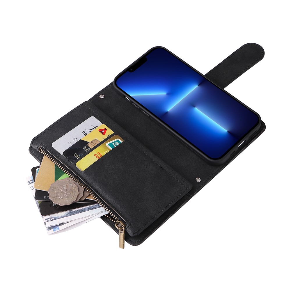 Stripes Imprinted Skin-touch Wallet Stand Leather Cover Card Slots Phone Case with Zipper Pocket and Wrist Strap for iPhone 13 Pro Max 6.7 inch - Black-10