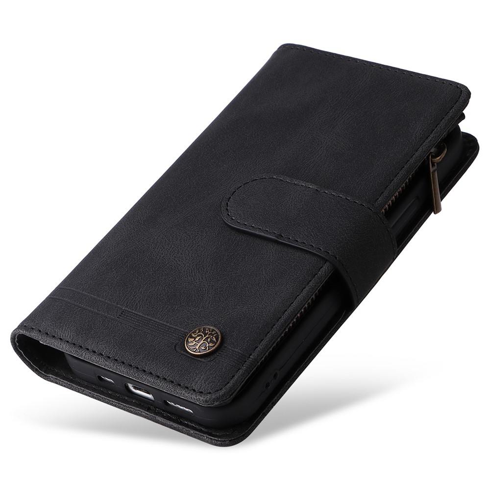Stripes Imprinted Skin-touch Wallet Stand Leather Cover Card Slots Phone Case with Zipper Pocket and Wrist Strap for iPhone 13 Pro Max 6.7 inch - Black-11