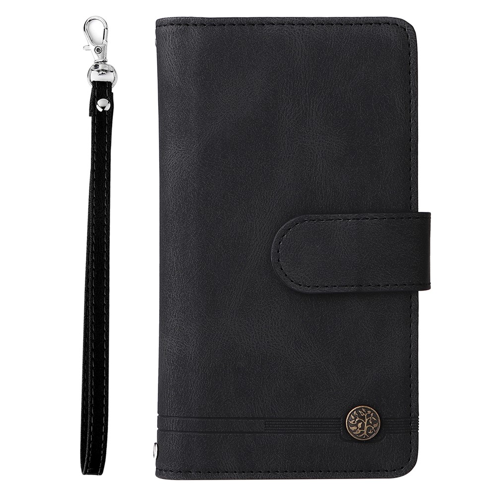 Stripes Imprinted Skin-touch Wallet Stand Leather Cover Card Slots Phone Case with Zipper Pocket and Wrist Strap for iPhone 13 Pro Max 6.7 inch - Black-2