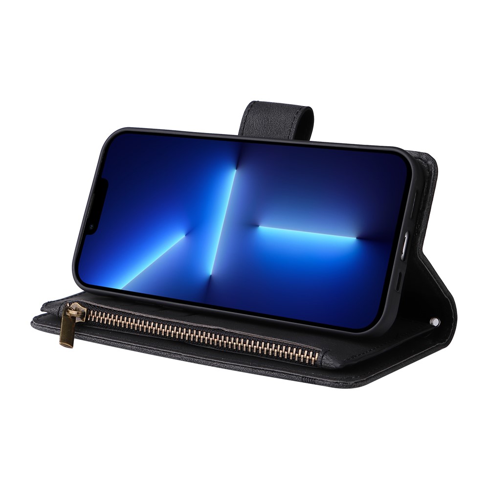 Stripes Imprinted Skin-touch Wallet Stand Leather Cover Card Slots Phone Case with Zipper Pocket and Wrist Strap for iPhone 13 Pro Max 6.7 inch - Black-5