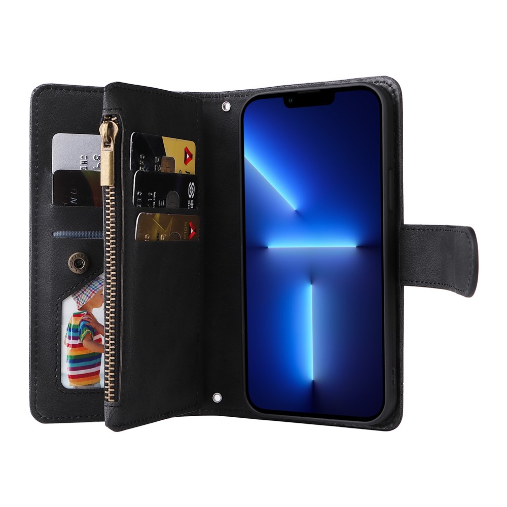 Stripes Imprinted Skin-touch Wallet Stand Leather Cover Card Slots Phone Case with Zipper Pocket and Wrist Strap for iPhone 13 Pro Max 6.7 inch - Black-9