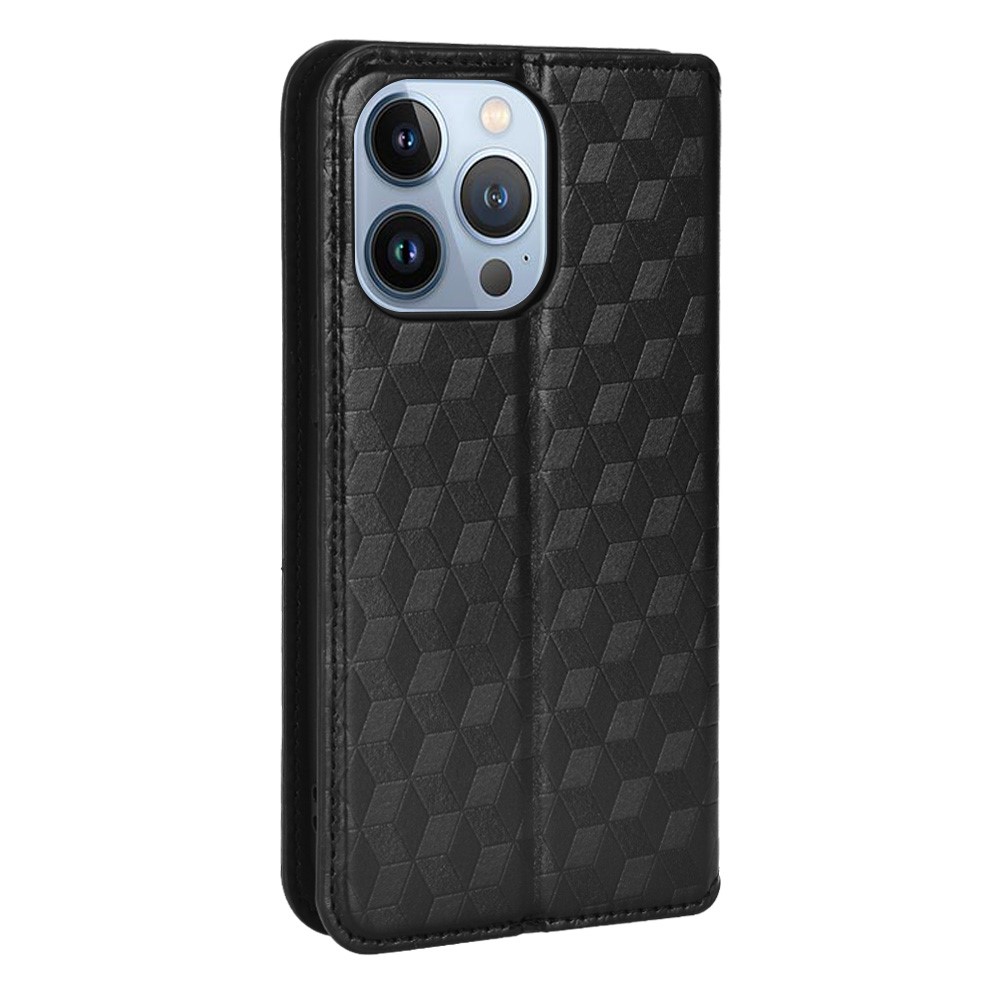 3D Rhombus Imprinted Magnetic Auto Closing PU Leather Cover + Soft TPU Inner Phone Case with Stand Wallet for iPhone 13 Pro 6.1 inch - Black-3