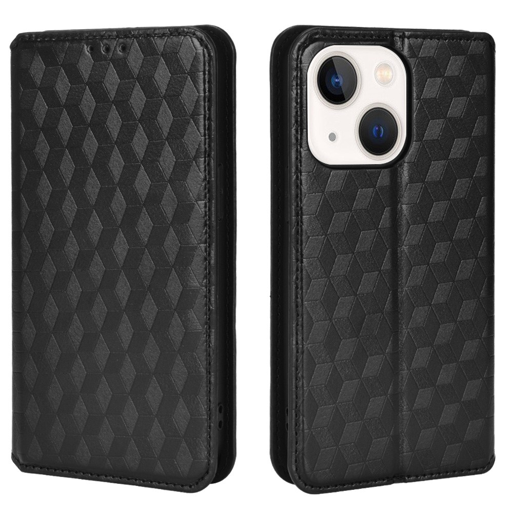 All-inclusive Protection Stand Wallet Phone Case 3D Rhombus Imprinting Magnetic Auto Closing Leather Cover for iPhone 13 6.1 inch - Black-1