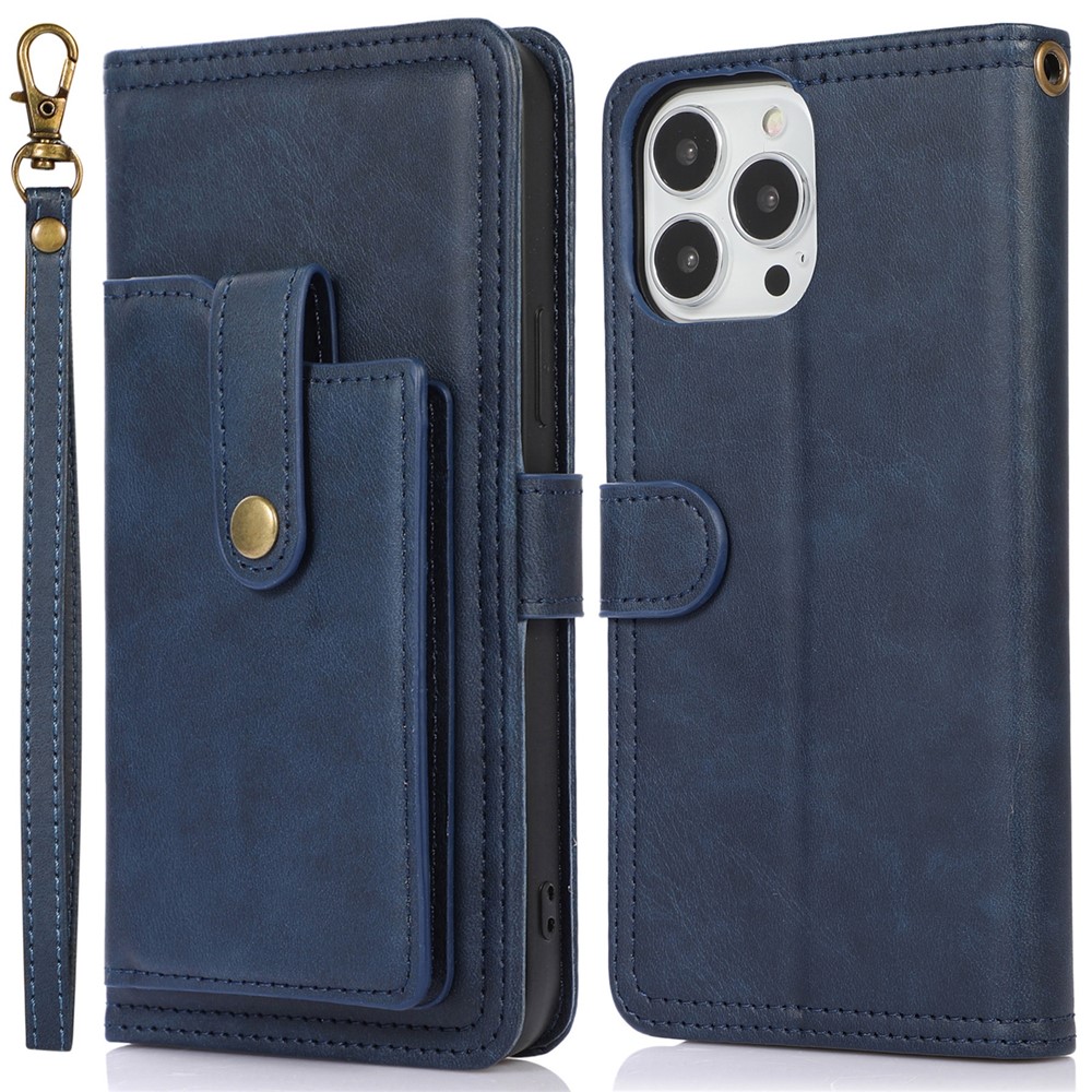 Wallet Stand Front Card Bag Design Drop-proof Magnetic Closure Phone Case Shell with Wrist Strap for iPhone 13 Pro Max 6.7 inch - Blue-1