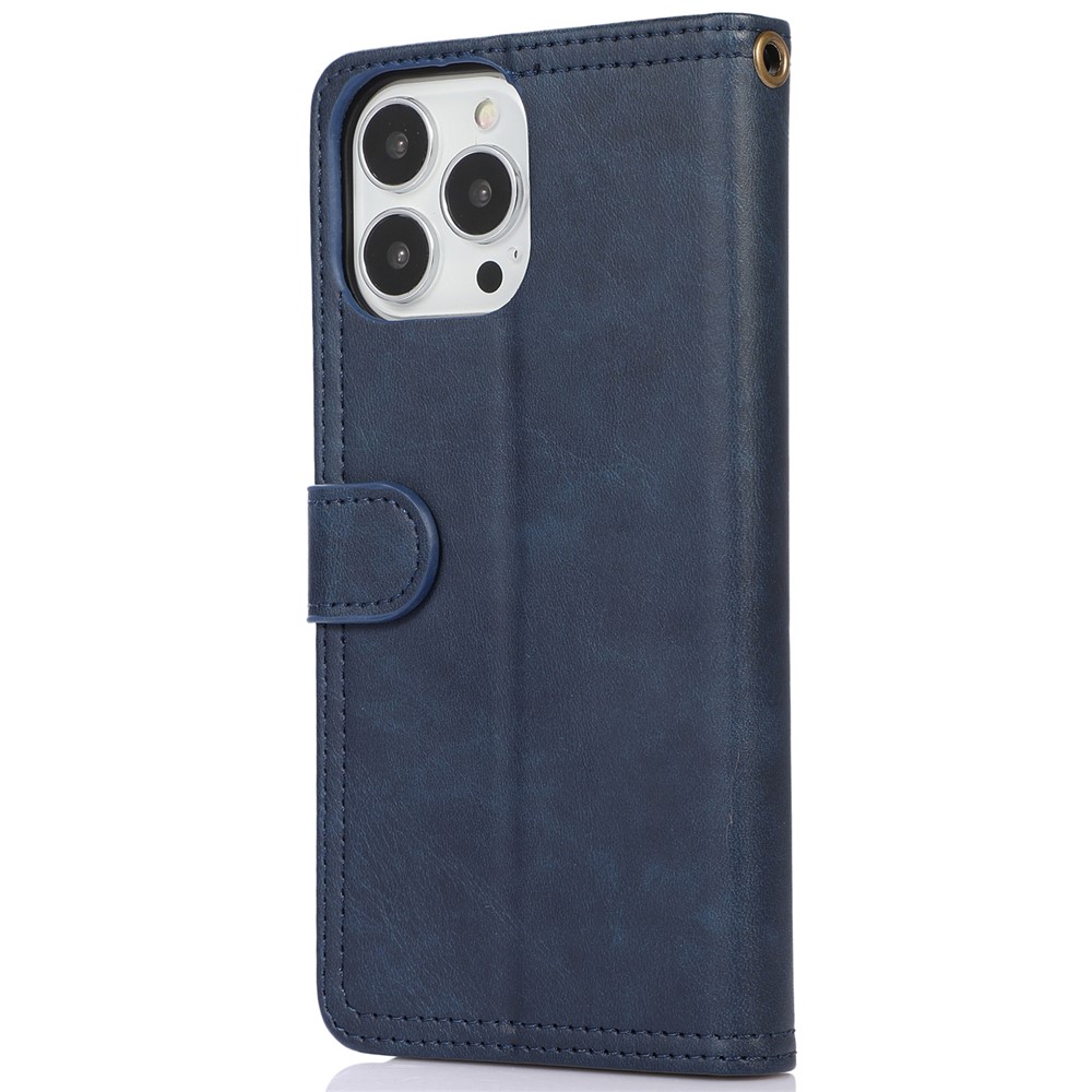 Wallet Stand Front Card Bag Design Drop-proof Magnetic Closure Phone Case Shell with Wrist Strap for iPhone 13 Pro Max 6.7 inch - Blue-3