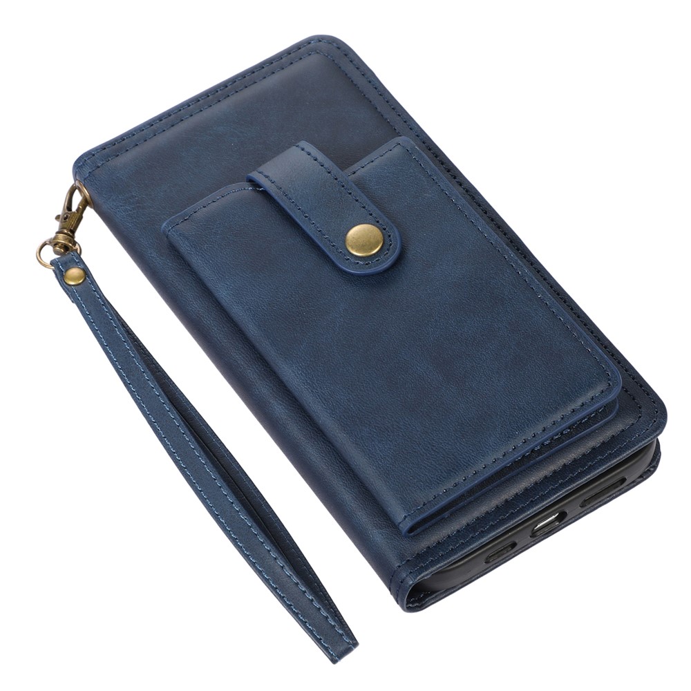 Wallet Stand Front Card Bag Design Drop-proof Magnetic Closure Phone Case Shell with Wrist Strap for iPhone 13 Pro Max 6.7 inch - Blue-7
