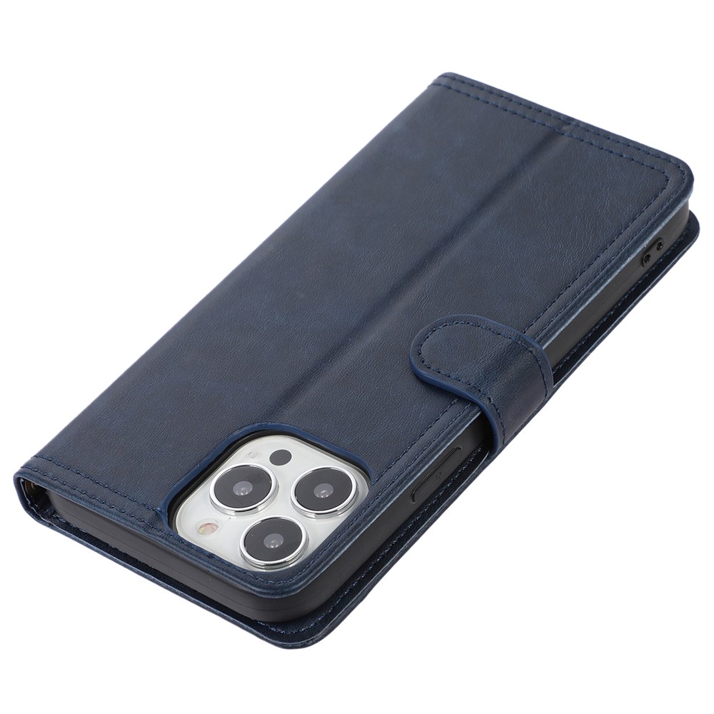 Wallet Stand Front Card Bag Design Drop-proof Magnetic Closure Phone Case Shell with Wrist Strap for iPhone 13 Pro Max 6.7 inch - Blue-8