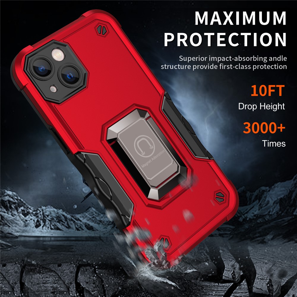 Hard PC Soft TPU Protective Anti-Scratch Phone Case with Metal Ring Kickstand for iPhone 13 6.1 inch - Red-2