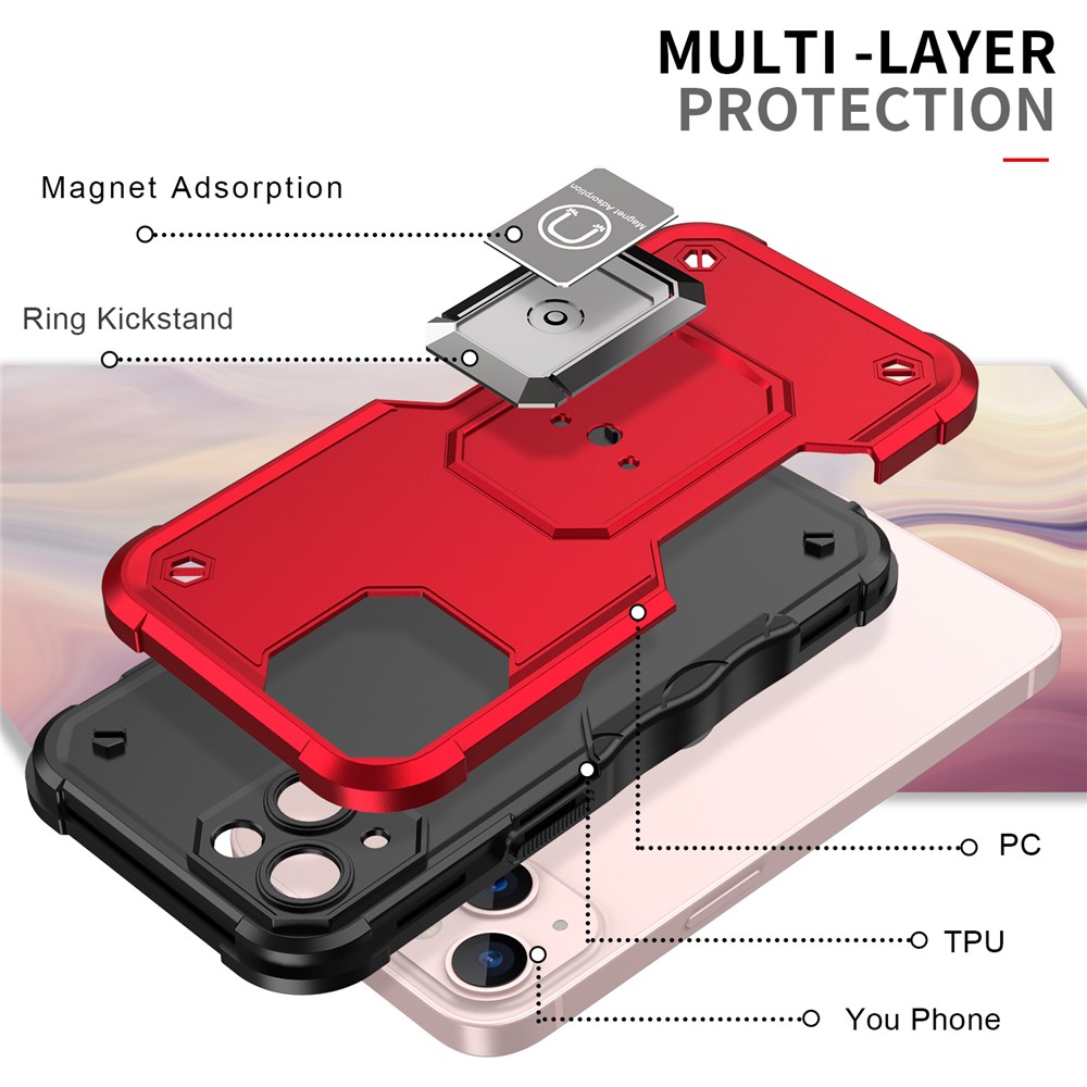 Hard PC Soft TPU Protective Anti-Scratch Phone Case with Metal Ring Kickstand for iPhone 13 6.1 inch - Red-6