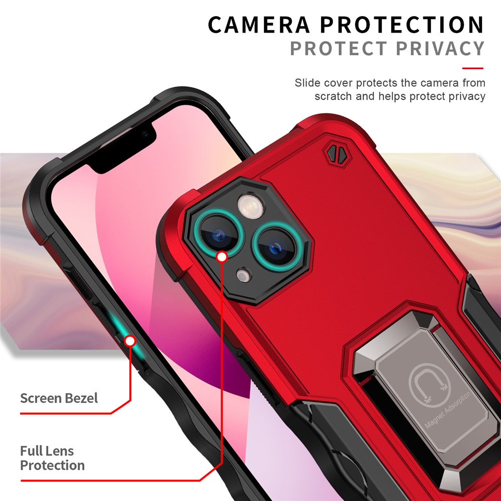 Hard PC Soft TPU Protective Anti-Scratch Phone Case with Metal Ring Kickstand for iPhone 13 6.1 inch - Red-7