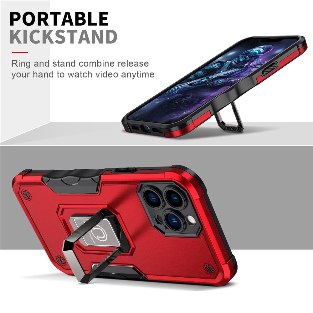 Shock-Absorption PC+TPU Hybrid Phone Case with Built-in Finger Ring Kickstand for iPhone 13 Pro 6.1 inch - Red-8