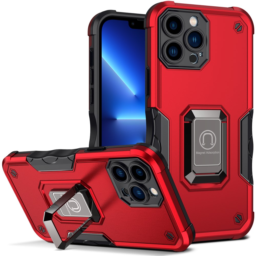 Shockproof Ring Kickstand Hybrid Hard PC Soft TPU Protective Case for iPhone 13 Pro Max 6.7 inch - Red-1