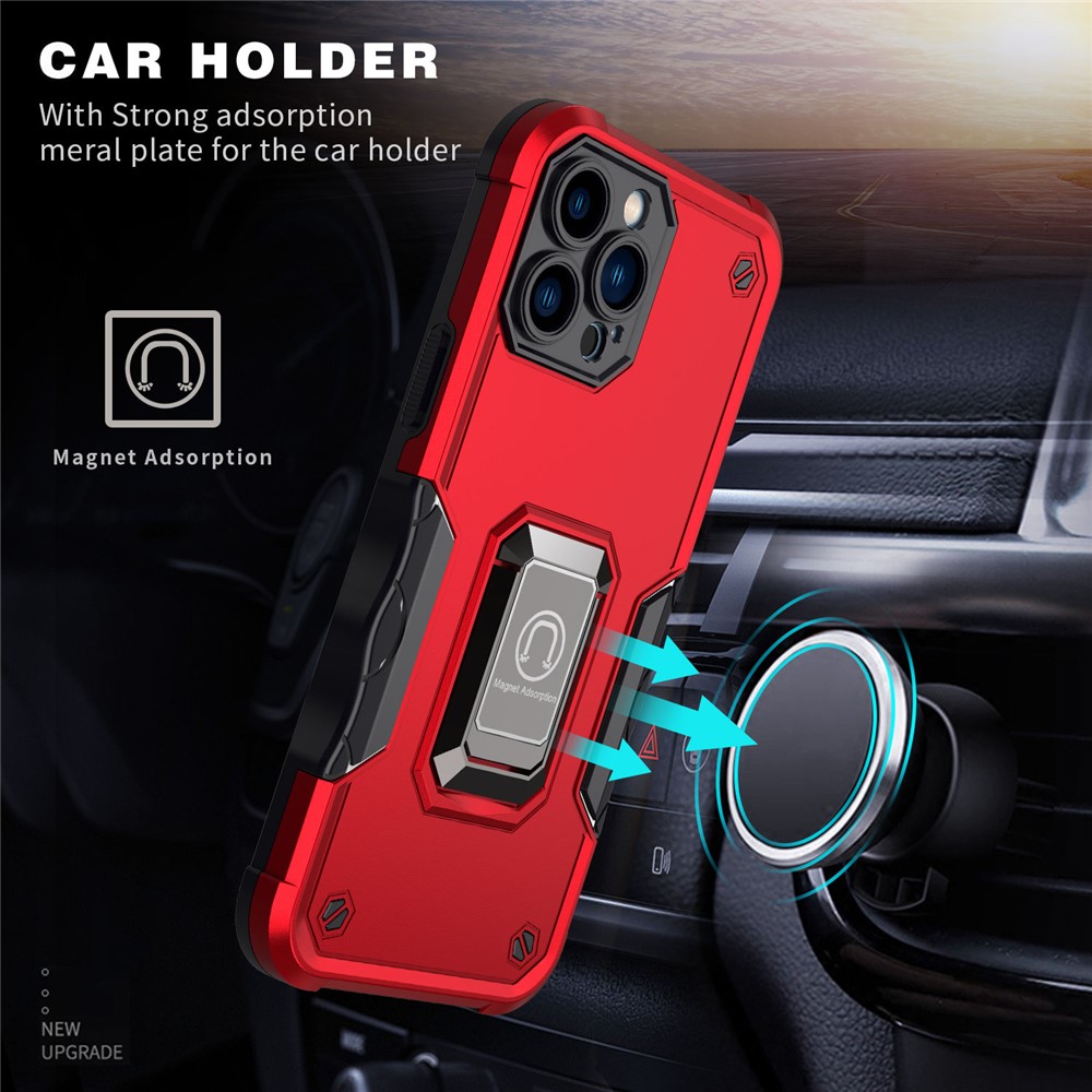 Shockproof Ring Kickstand Hybrid Hard PC Soft TPU Protective Case for iPhone 13 Pro Max 6.7 inch - Red-3