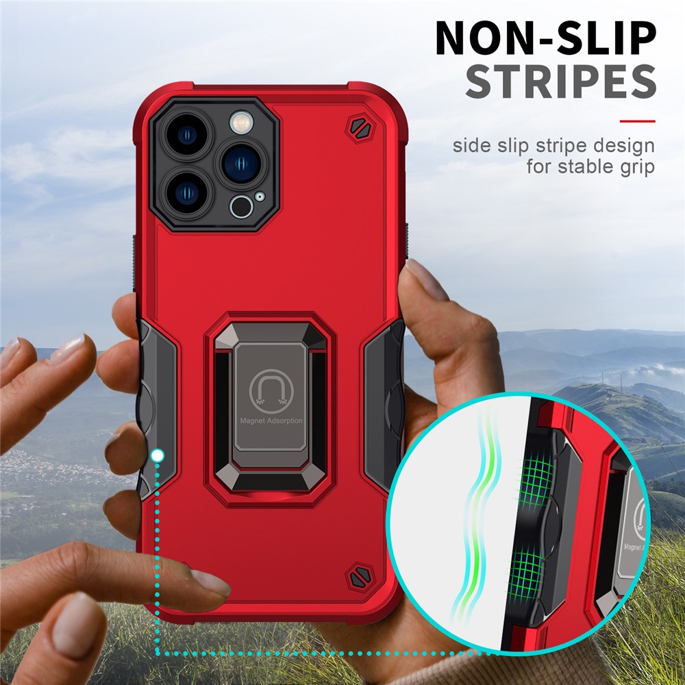 Shockproof Ring Kickstand Hybrid Hard PC Soft TPU Protective Case for iPhone 13 Pro Max 6.7 inch - Red-4