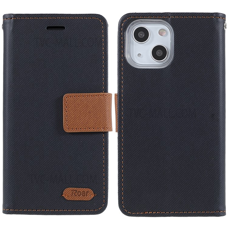 ROAR PU Leather Flip Wallet Case Twill Grain Cloth Texture TPU Interior Shell Folio Stand Cover for iPhone 13 6.1 inch - Black-1