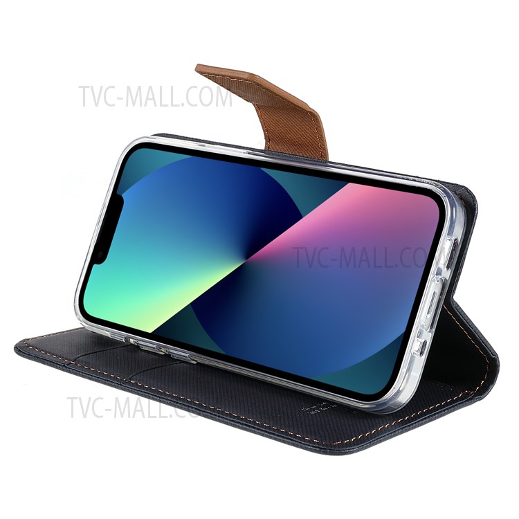 ROAR PU Leather Flip Wallet Case Twill Grain Cloth Texture TPU Interior Shell Folio Stand Cover for iPhone 13 6.1 inch - Black-8