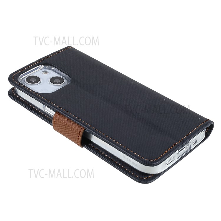 ROAR Viewing Stand Twill Grain Cloth Texture PU Leather Shell Magnetic Closure Flip Wallet Phone Case for iPhone 13 mini 5.4 inch - Black-5