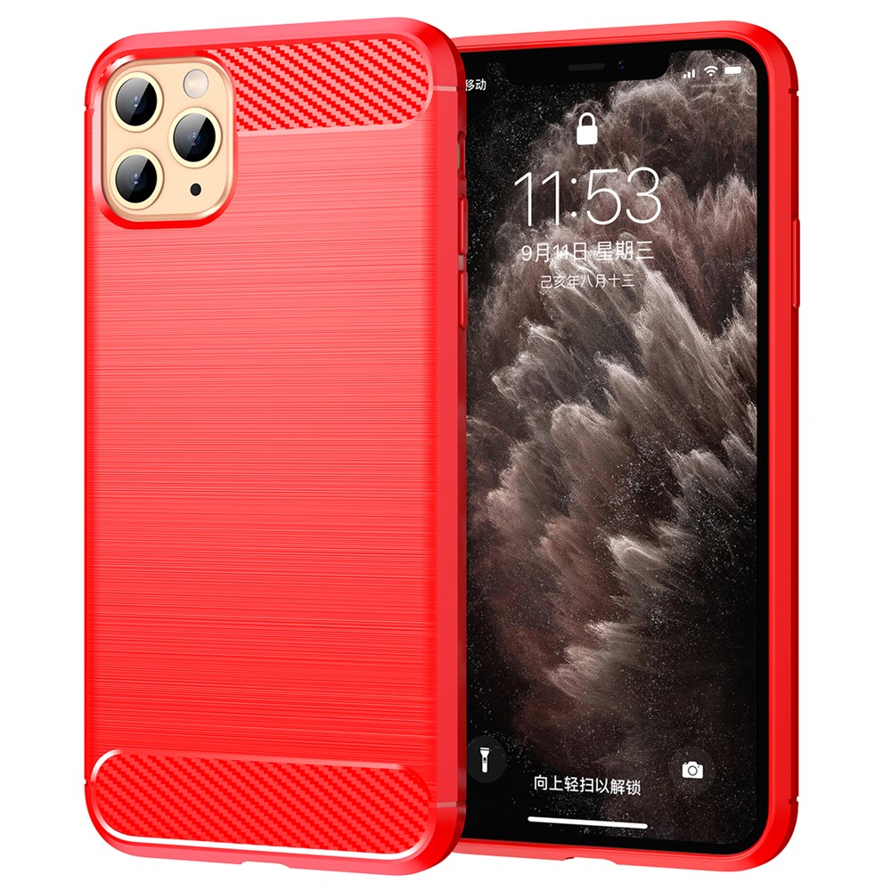 1.8mm Carbon Fiber Brushed Texture Soft TPU Back Case Mobile Phone Cover for iPhone 11 Pro Max 6.5 inch - Red