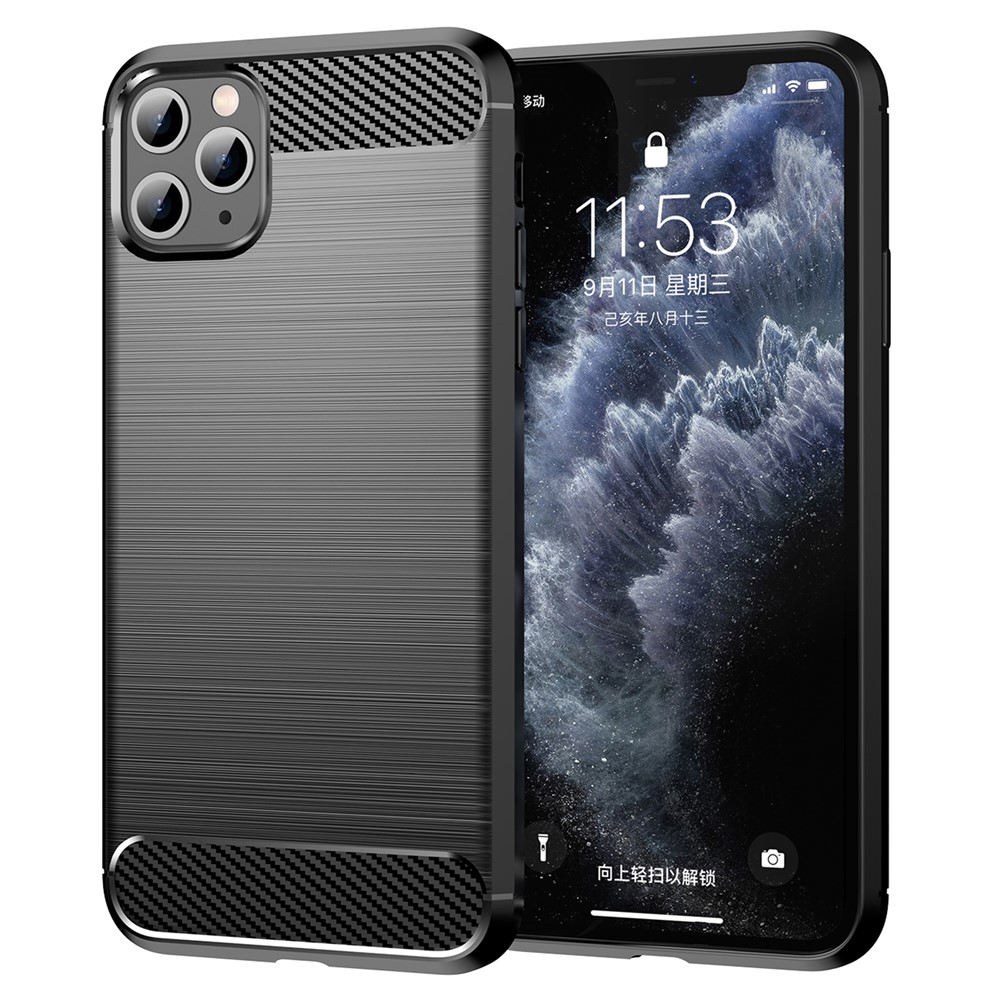 Carbon Fiber Brushed Texture Shock Absorption TPU Back Case Mobile Phone Cover for iPhone 11 Pro 5.8 inch - Black-1
