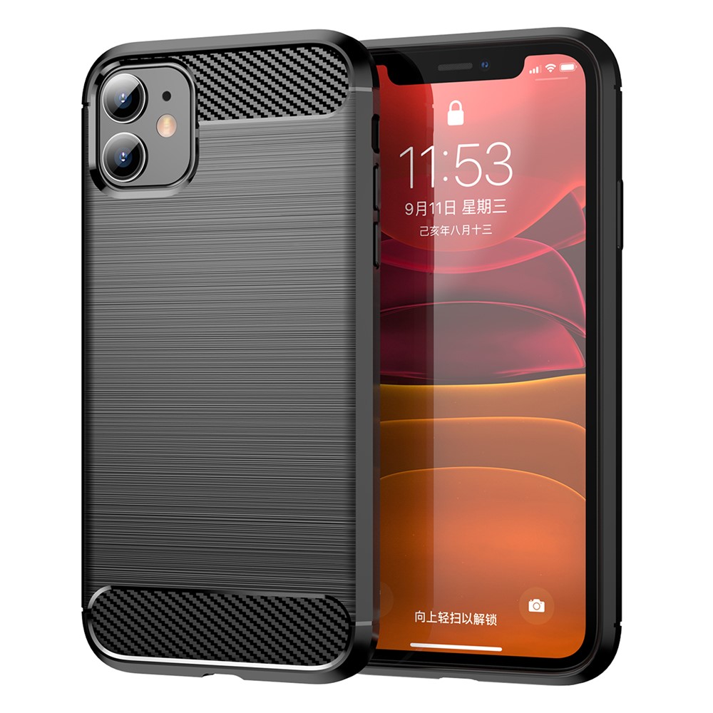 Carbon Fiber Brushed Texture Impact Buffer TPU Back Case Mobile Phone Cover for iPhone 11 6.1 inch - Black-1