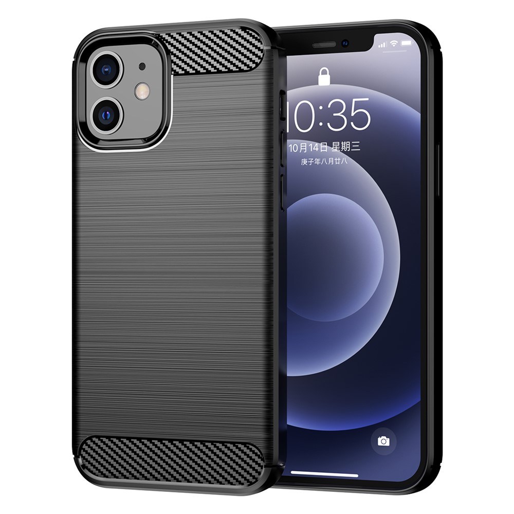 Carbon Fiber Brushed Texture Anti-fall Protection Back Case Flexible TPU Cover for iPhone 12/12 Pro 6.1 inch - Black-1