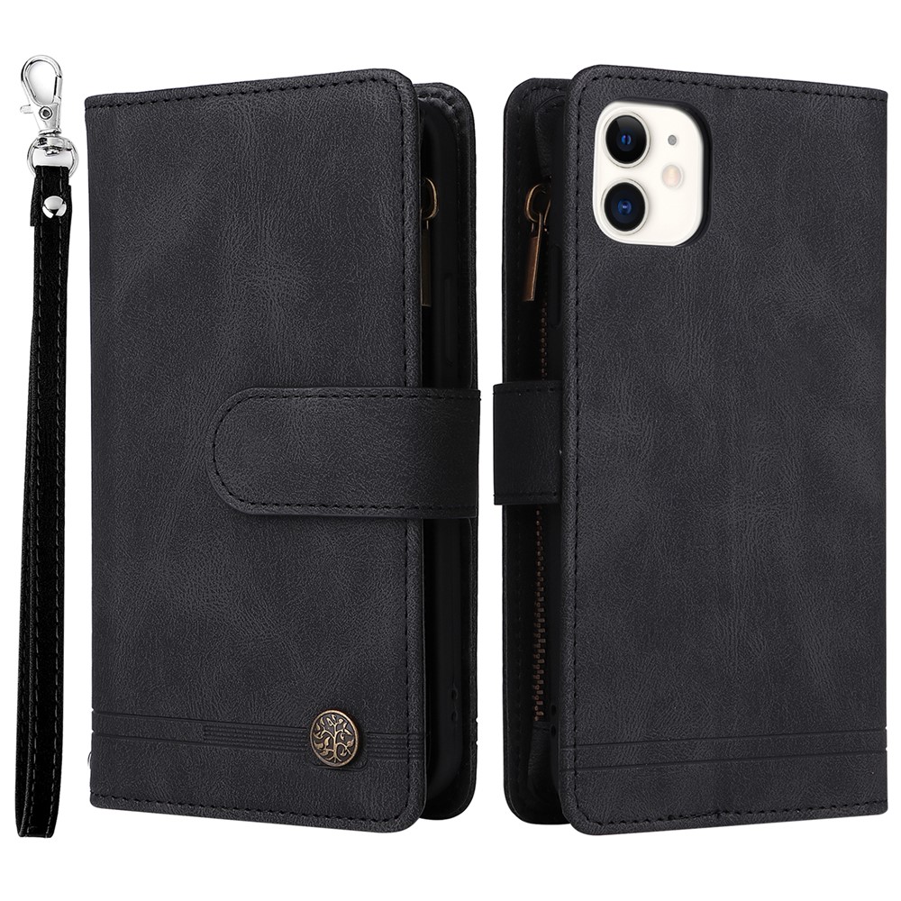 Tree Pattern Hardware Stripes Imprinted Skin-touch Wallet Stand Leather Cover Card Slots Flip Protective Case with Zipper Pocket for iPhone 11 6.1 inch - Black-1
