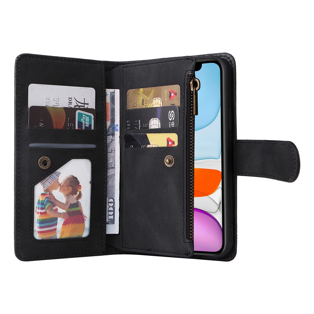 Tree Pattern Hardware Stripes Imprinted Skin-touch Wallet Stand Leather Cover Card Slots Flip Protective Case with Zipper Pocket for iPhone 11 6.1 inch - Black-6