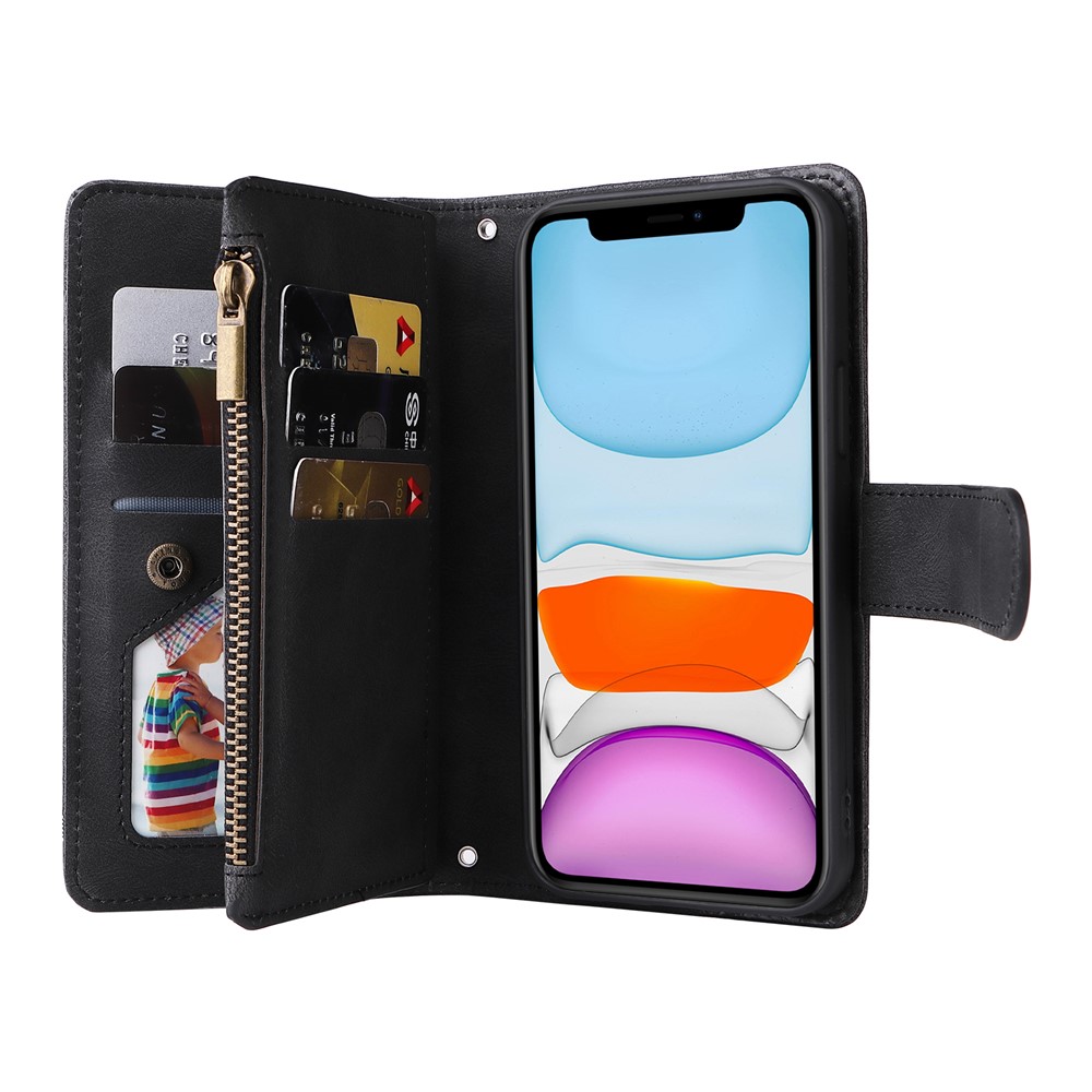 Tree Pattern Hardware Stripes Imprinted Skin-touch Wallet Stand Leather Cover Card Slots Flip Protective Case with Zipper Pocket for iPhone 11 6.1 inch - Black-7