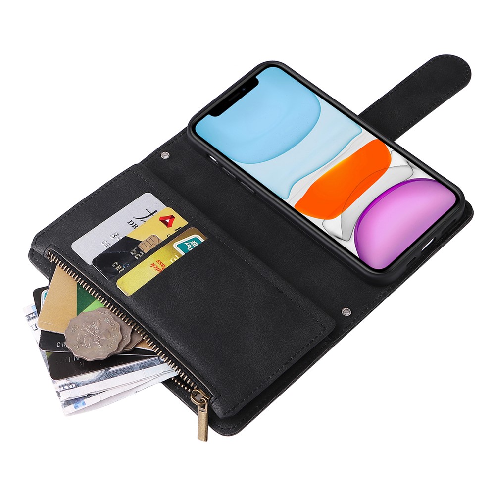Tree Pattern Hardware Stripes Imprinted Skin-touch Wallet Stand Leather Cover Card Slots Flip Protective Case with Zipper Pocket for iPhone 11 6.1 inch - Black-8