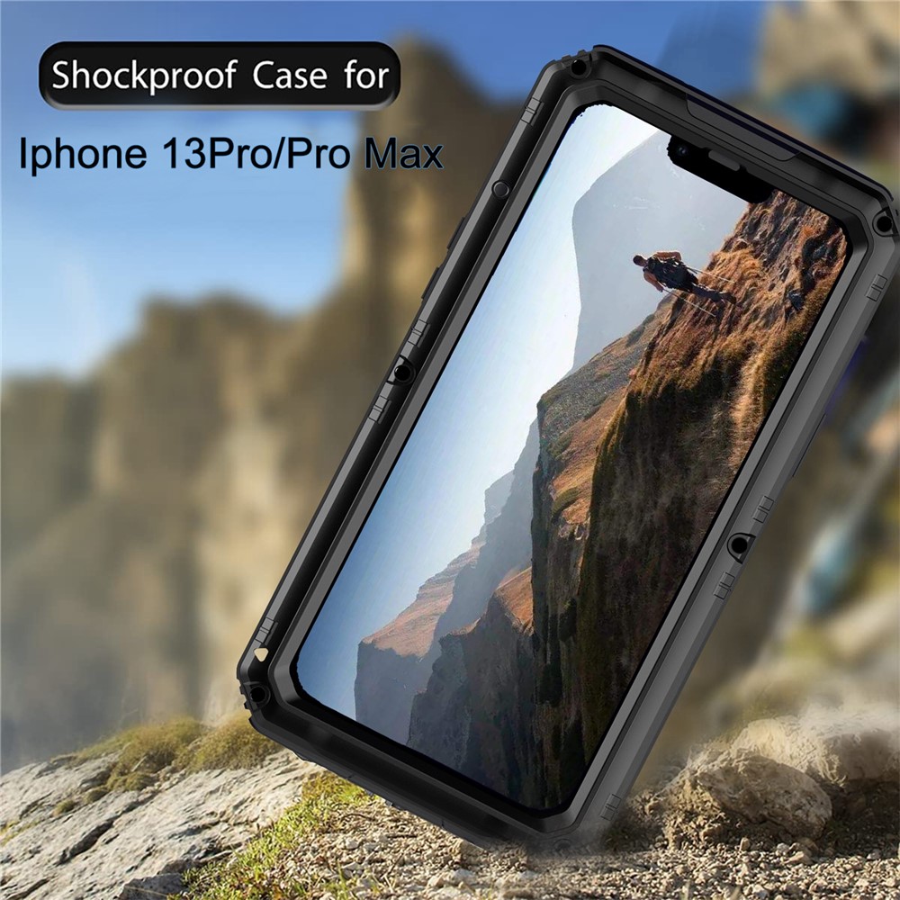 Shockproof Waterproof Dust-proof Drop-roof Silicone + Metal Full Cover Phone Case Hybrid Shell for iPhone 13 Pro Max 6.7 inch - Black-5