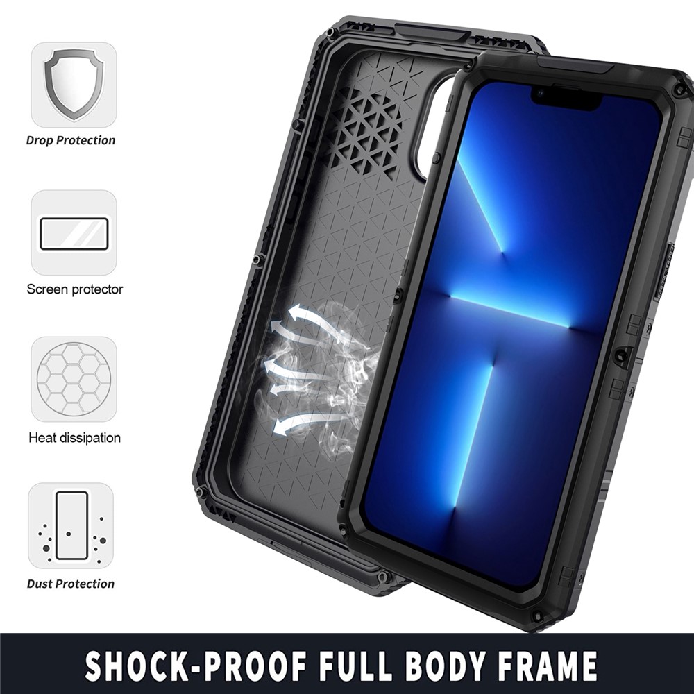 Shockproof Waterproof Dust-proof Drop-roof Silicone + Metal Full Cover Phone Case Hybrid Shell for iPhone 13 Pro Max 6.7 inch - Black-9