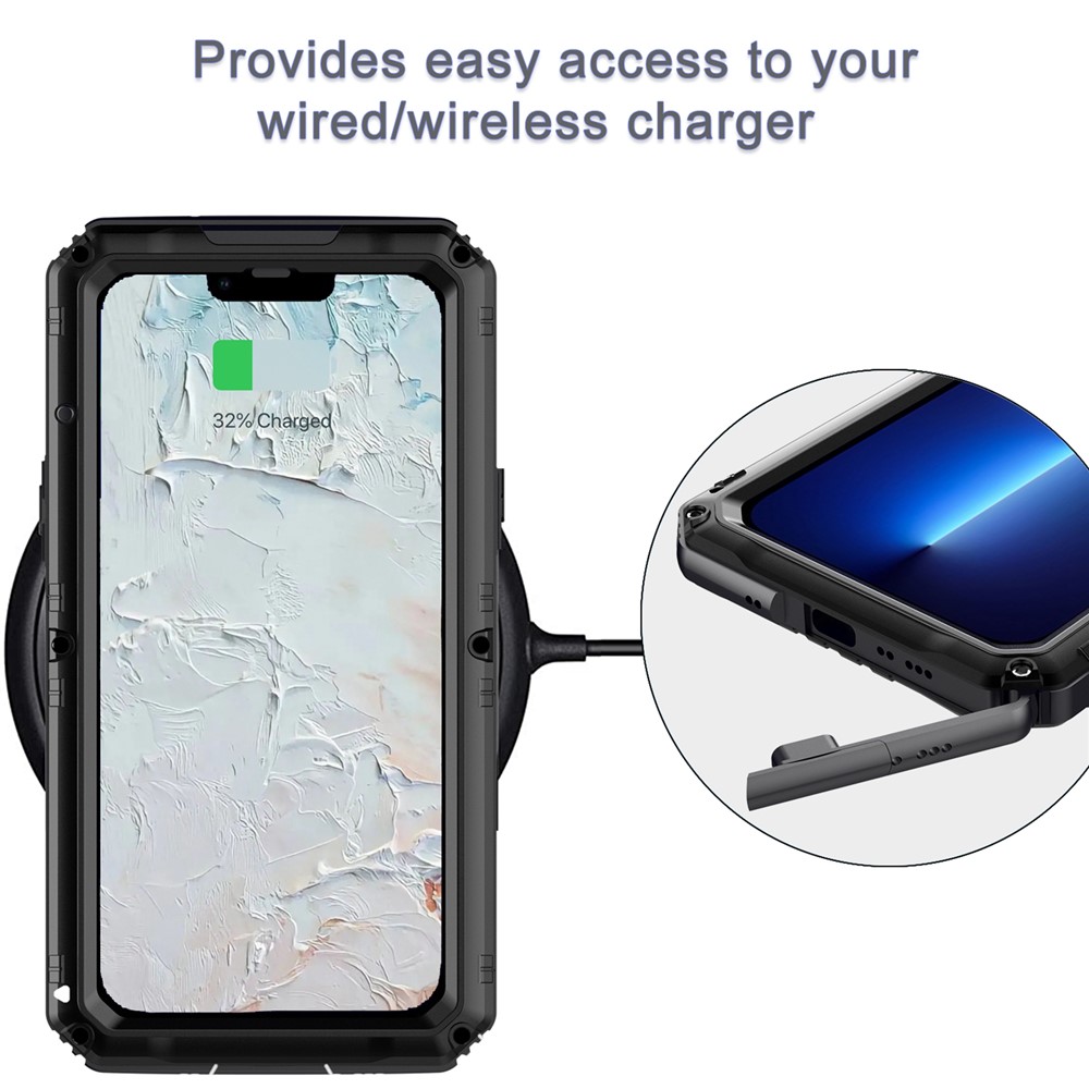 Shockproof Waterproof Dust-proof Drop-roof 360 Degree Full Protection Silicone + Metal Phone Case Shell for iPhone 13 Pro 6.1 inch - Black-7