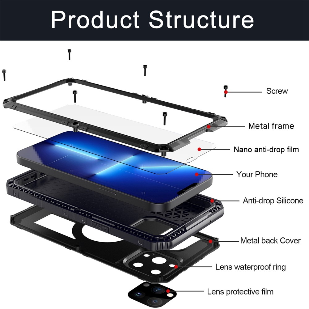 Shockproof Waterproof Dust-proof Drop-roof 360 Degree Full Protection Silicone + Metal Phone Case Shell for iPhone 13 Pro 6.1 inch - Black-8